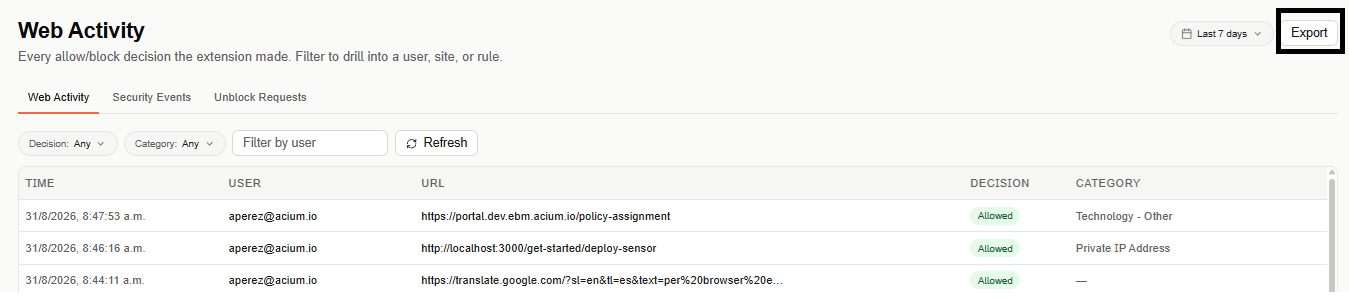 Web Activity page with the Export button highlighted